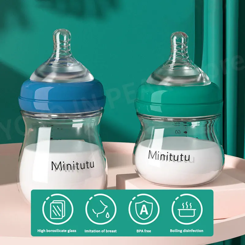 Newborn Baby Bottles Anti-flatulence Feeding Bottle Infant Food Grade Wide-caliber Glass Nursing Bottle BPA free for 0-3 Month