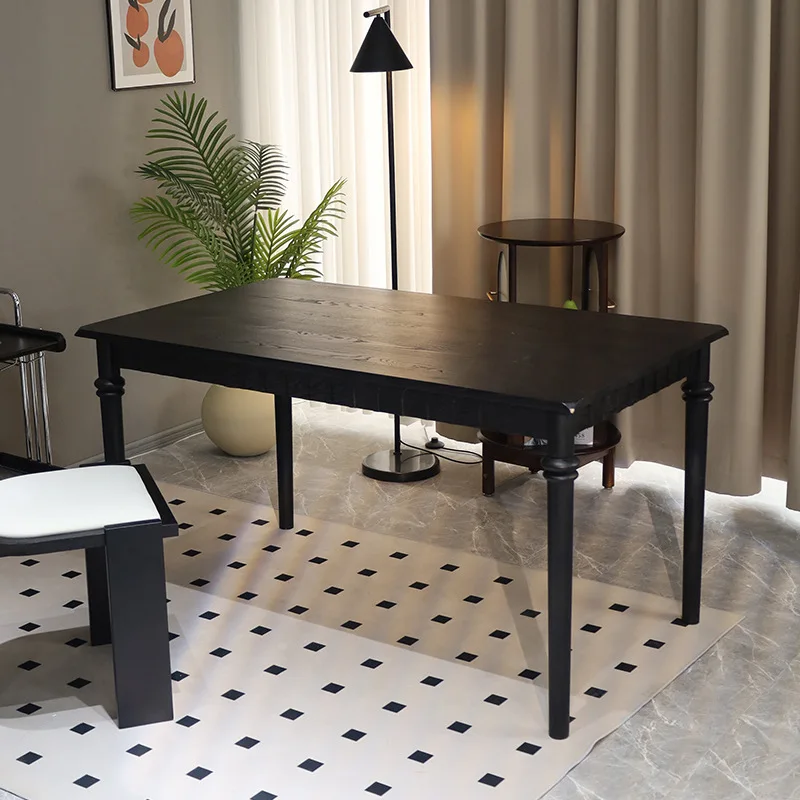 Small apartment black solid wood dining table French retro simple household ash wood table rectangular