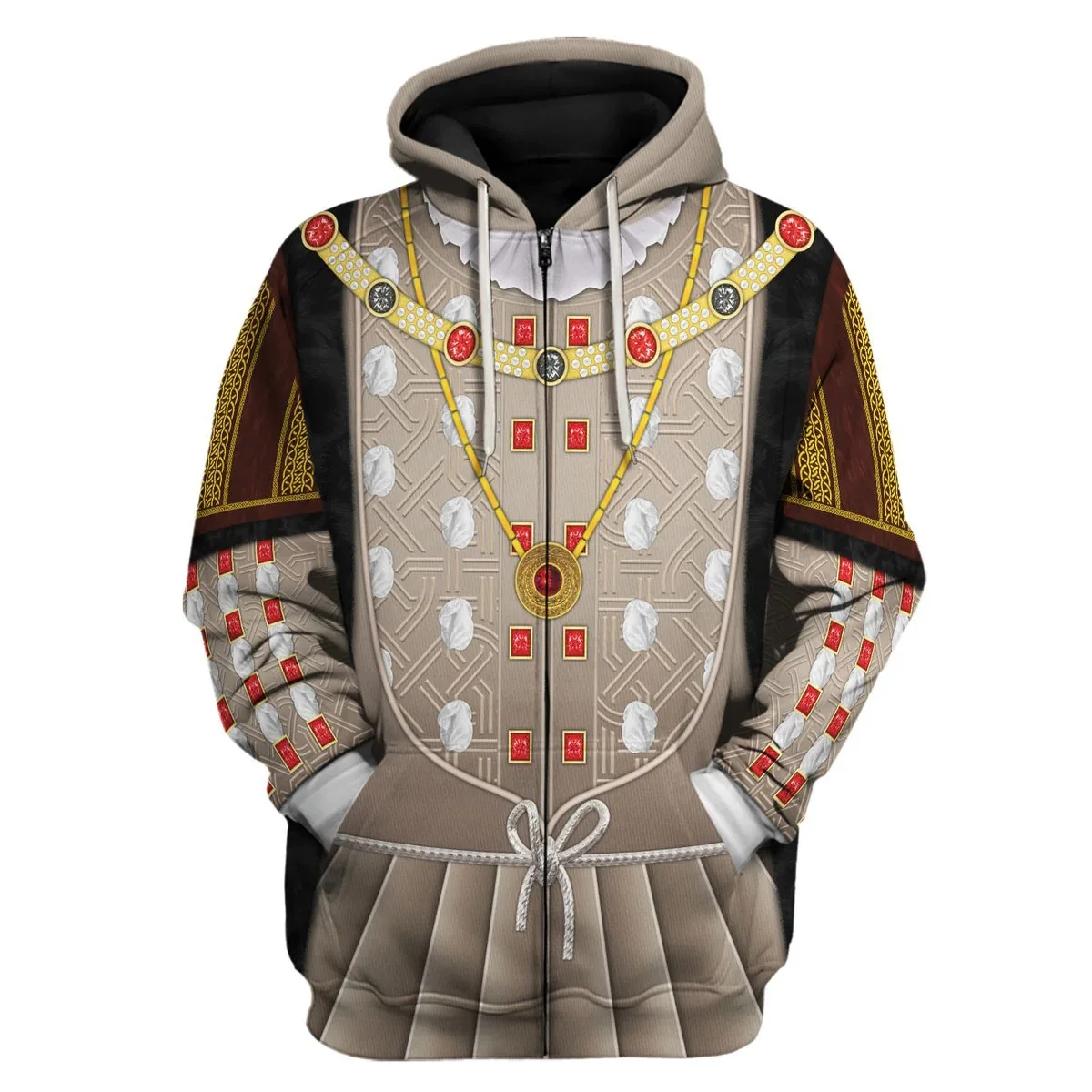 2024 New Cosplay Historical Person Henry VIII England Style Zipper Up Hoodies Tops Jackets Halloween Carnival Men's Costume