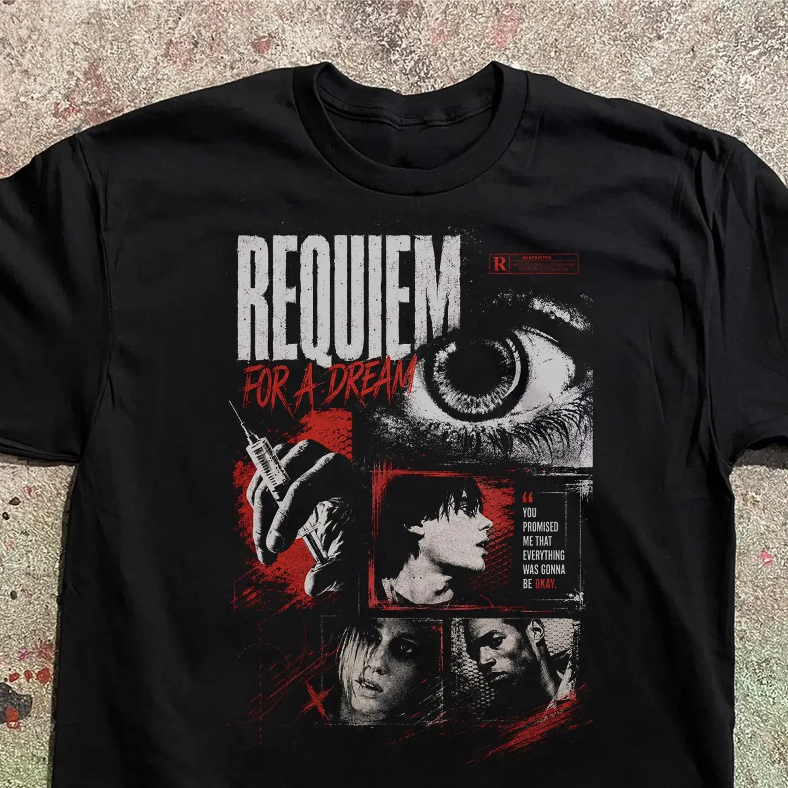 Requiem for a Dream T-Shirt Retro Grunge Film Oversized Kultfilm Vintage Washed Vielseitig Stilvoll Weich Grafikdruck Unisex