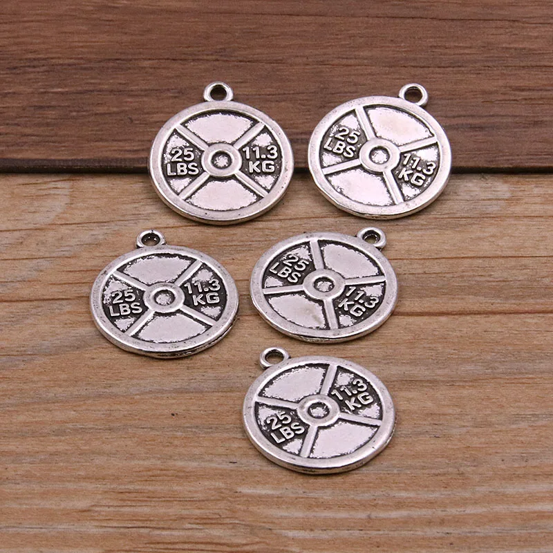 6Pcs 6 Styles Discus Dumbbel Weightlifting Charms Sports Pendants Handmade Decoration Vintage For DIY Jewelry Making Findings