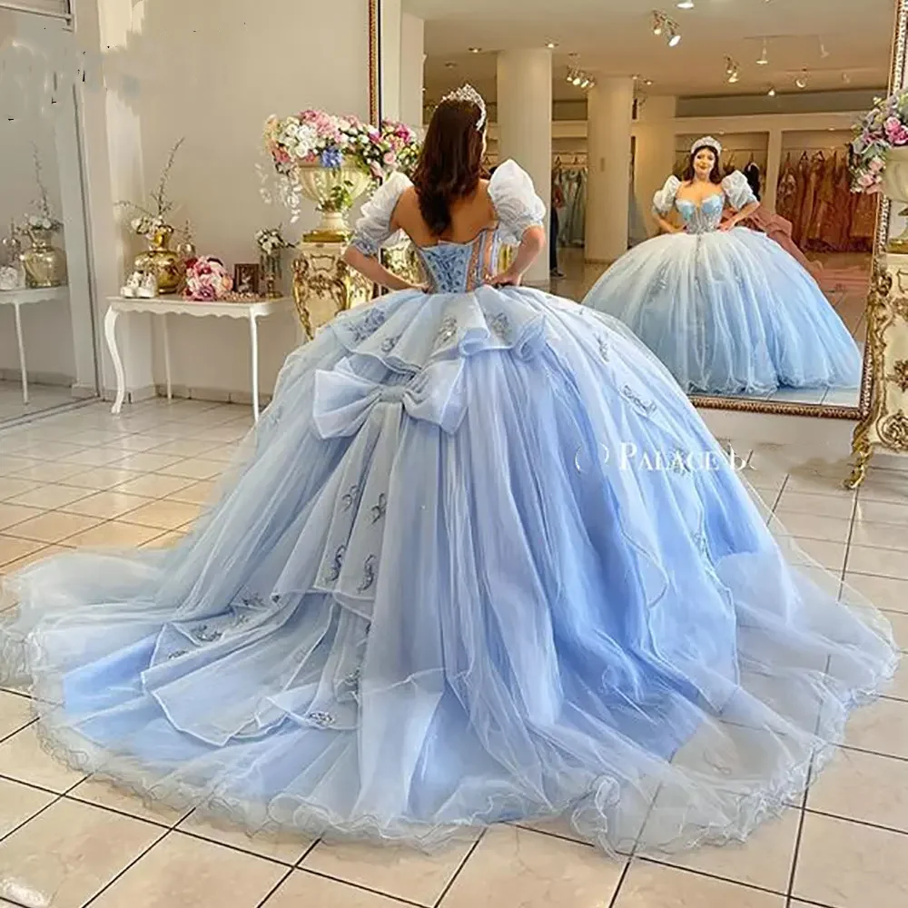 Angelsbridep Customized  Sky Blue Ball Gown Quinnceanera Dresses 2025 With Bow Puff Sleeves Girls Prom Party Vestidos De Fiesta