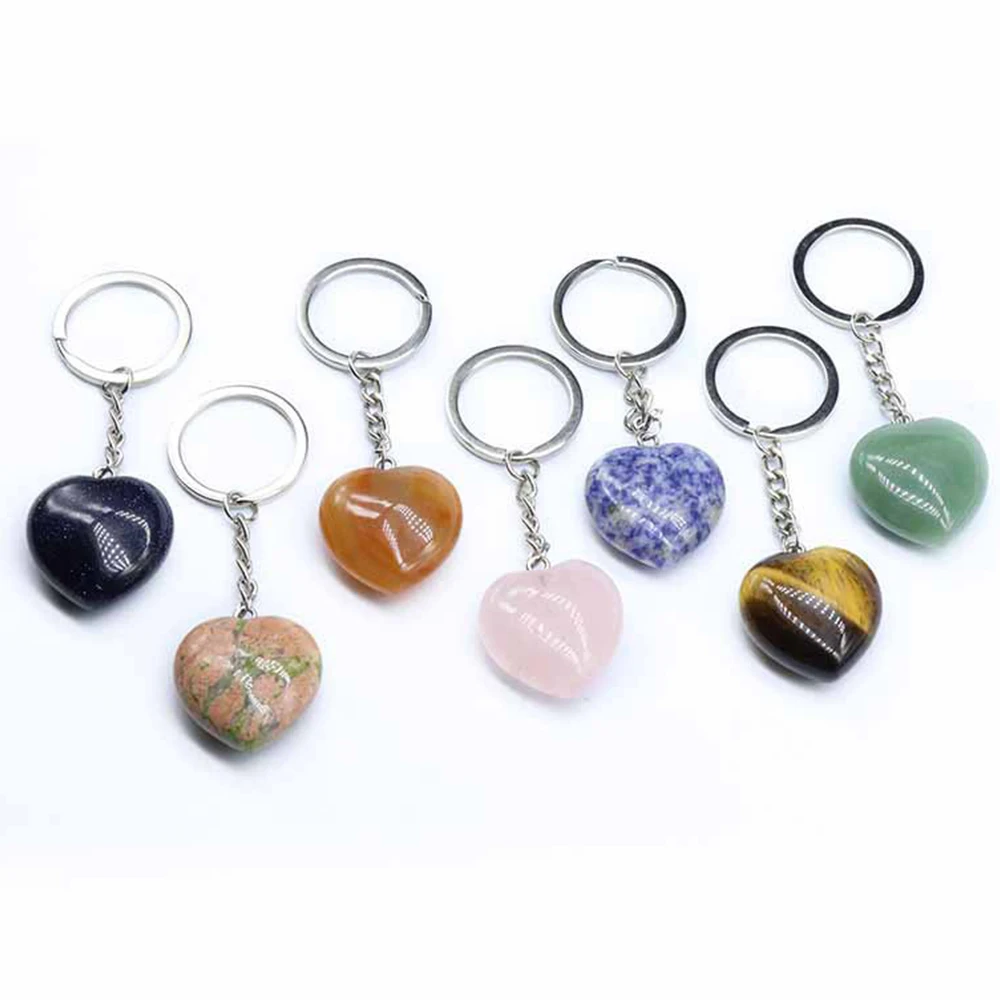 Natural Rose Quartz Crystal Heart-shaped Keyring Aventurine Sodalite Agate Gemstone Keychain Pendant Accessories