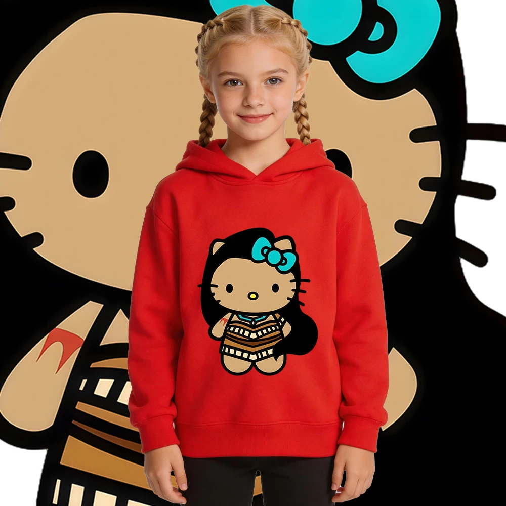 

Флисовая толстовка с принтом Hello Kitty Pocahontas для мальчиков и девочек, теплый пуловер для детей, осенне-зимняя повседневная одежда
