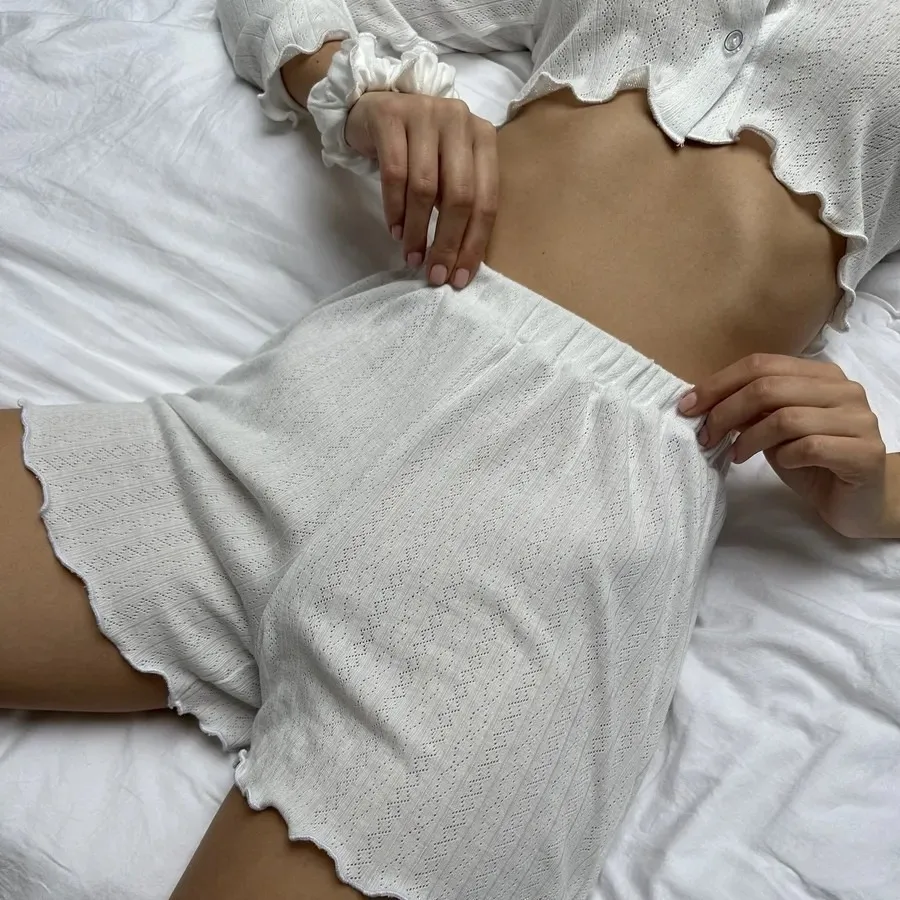 Casual 2 Piece Set Woman 2025 Spring New Ladies Sexy Pajamas Homewear Suit Knitted Design Sense Long-Sleeved Tops Shorts Suit