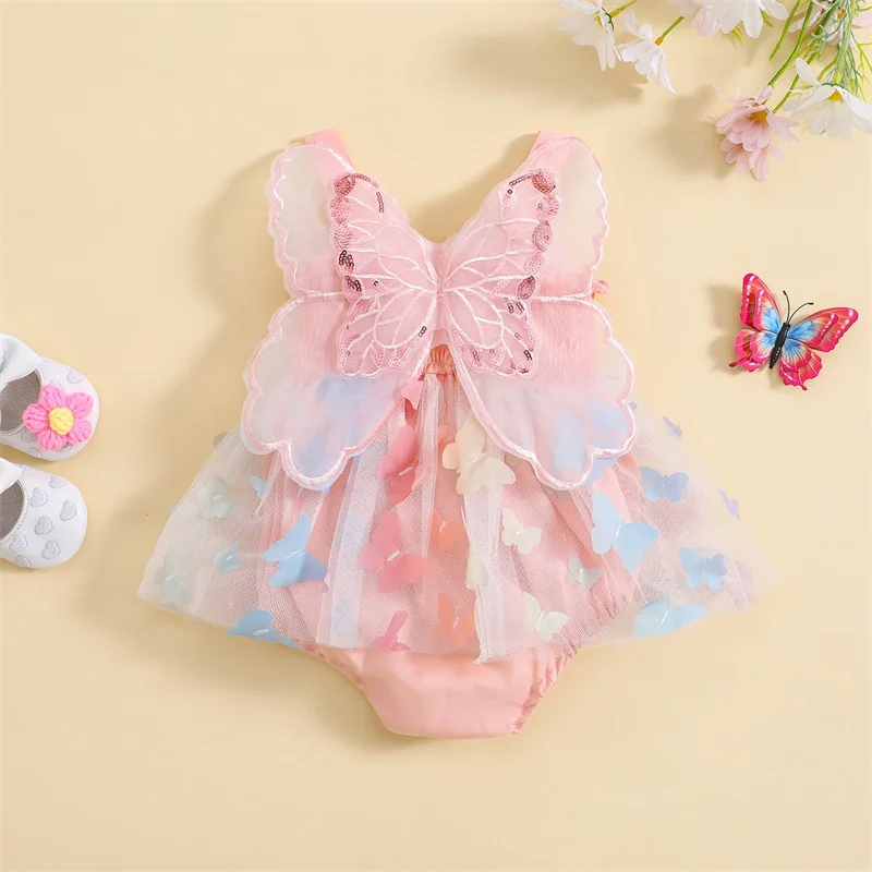 

Infant Girl Rompers Dress Butterfly Decor Sleeveless Layered Tulle Tutu Skirt Hem Cami Jumpsuits Newborn Clothes Baby Bodysuits