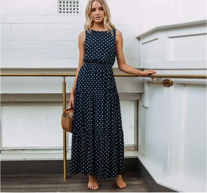 Women Polka Dot Dress Summer Women Sleeveless O-neck Elegant Casual Boho Midi Dress Vintage Party Dresses