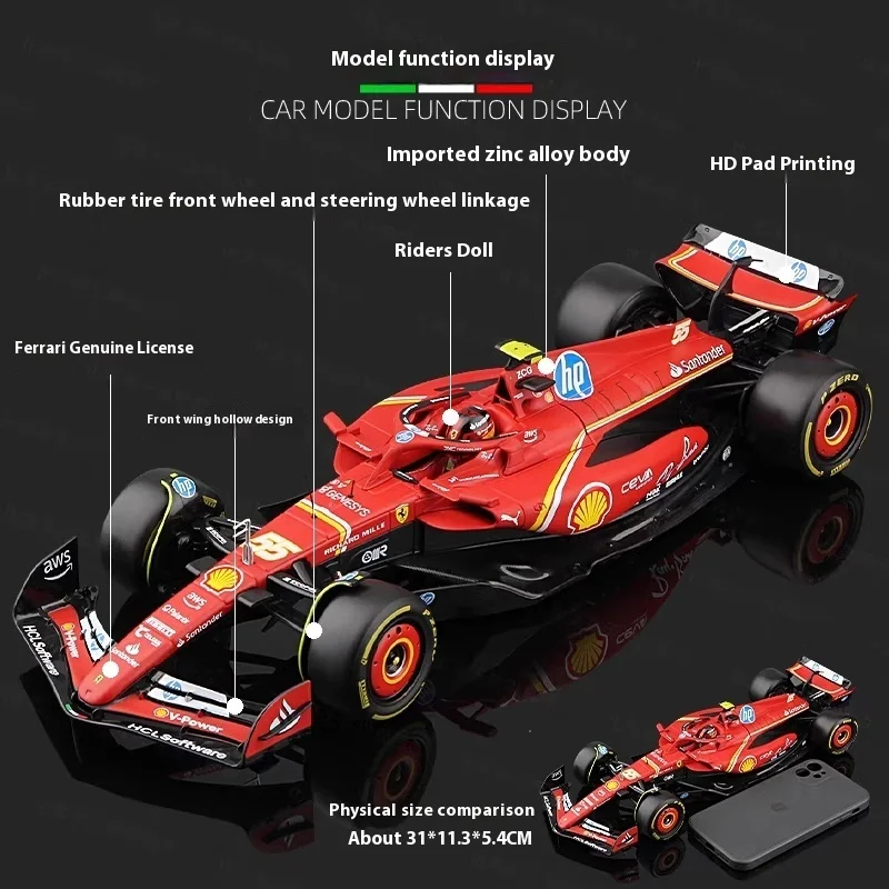 Bburago 1:18 Ferrari SF-24 Modello pressofuso in miniatura in lega Formula 1racing # 16 Leclerc # 55 regali di modelli da tavolo per auto Sainz Formula