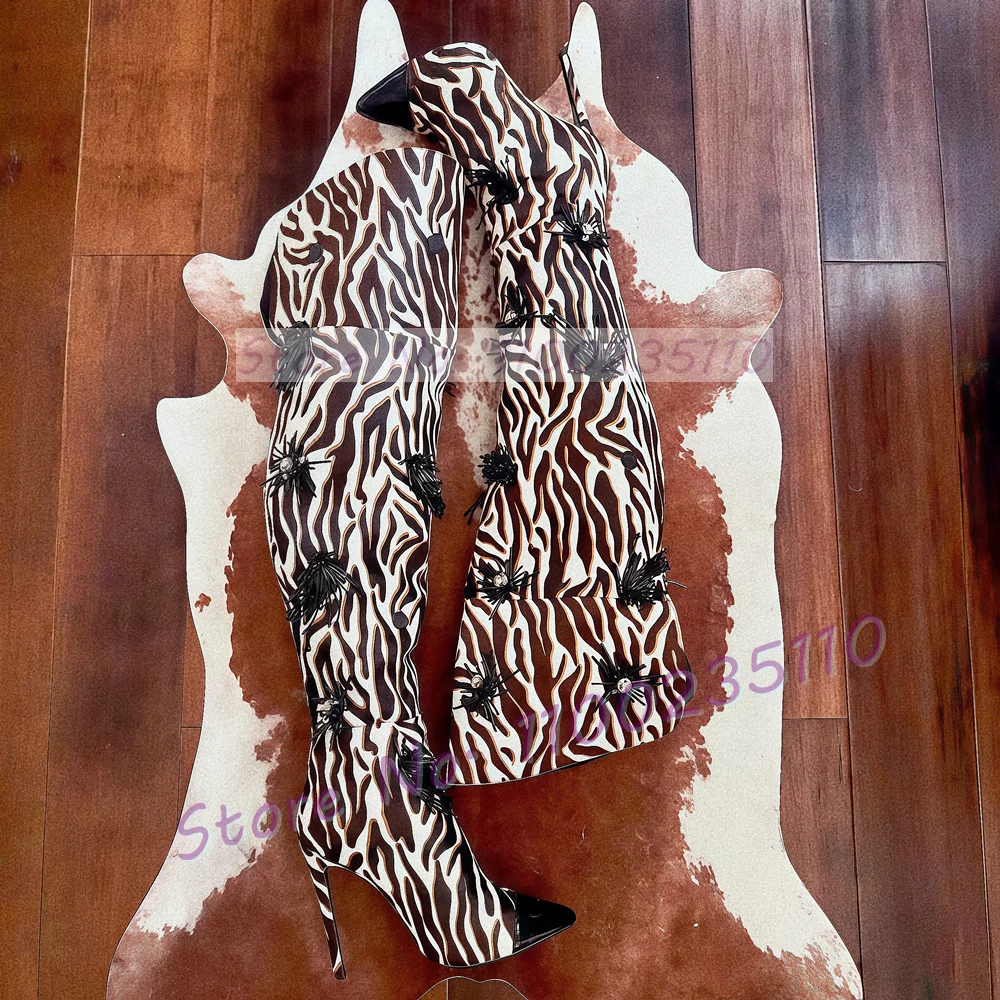 

Zebra Print Black Crystal Pendant Thigh High Boots Women Sexy Pointy Toe Striped High Heels Fringes Cutout Flock Over Knee Boots