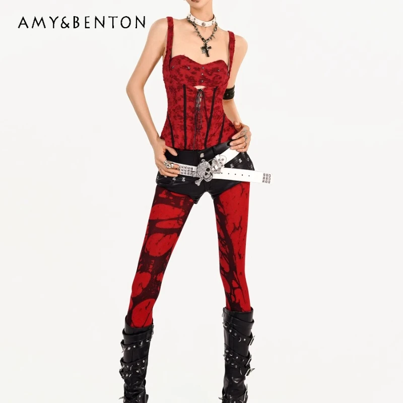 

Летний женский корсет-топ 2026 в американском панк-готическом стиле, красный, жаккардовый, на бретелях, с чашечками, облегающий, с заклепками, без рукавов