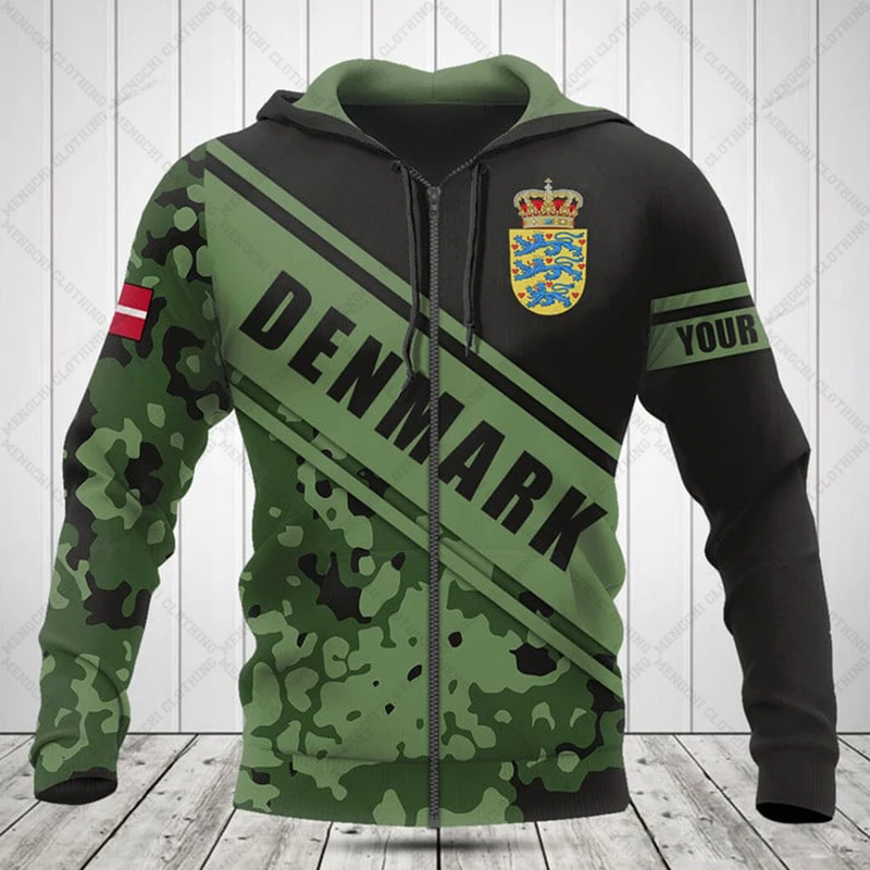 

Custom Name Denmark Camo Zipper Hoodies Loose Unisex Oversize Sweatshirts Winter Casual Streetwear Tops Pullover