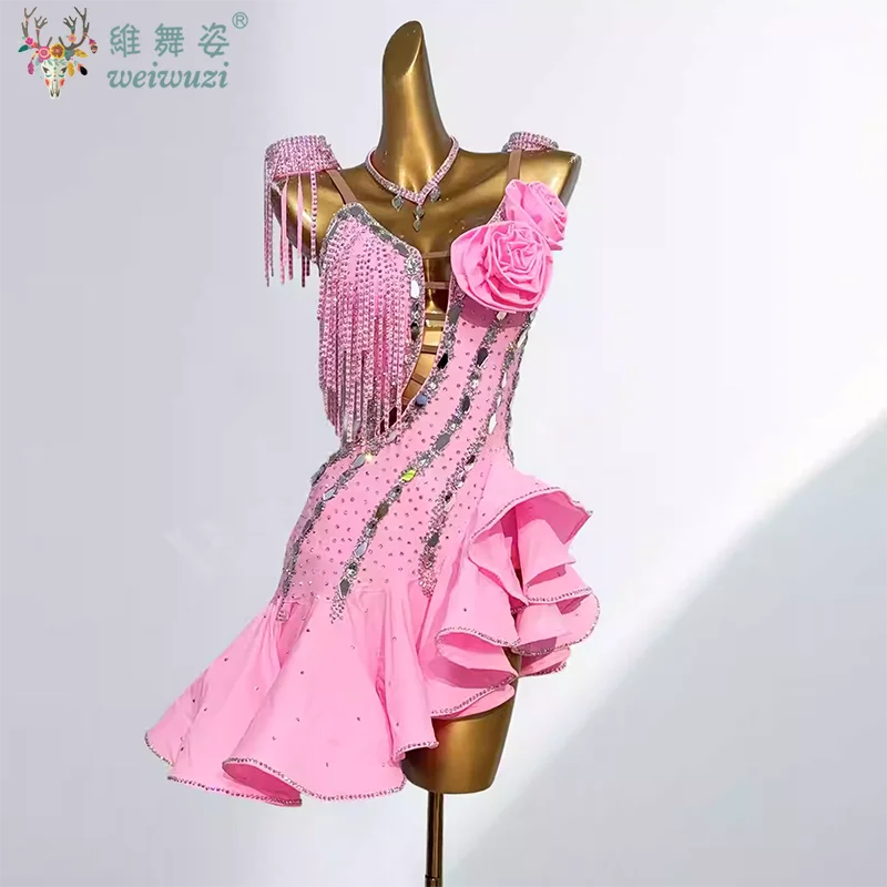 女性用ラテンダンスドレス、カスタムメイド、シニア向けABストーンフリンジドレス、大人と子供用プロフェッショナルパフォーマンス衣装