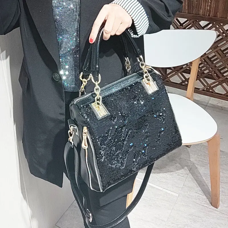 New Simple Sequin Leather Handbag European And American Style Women's Bag Large Capacity Soft Leather Messenger Bag For Women