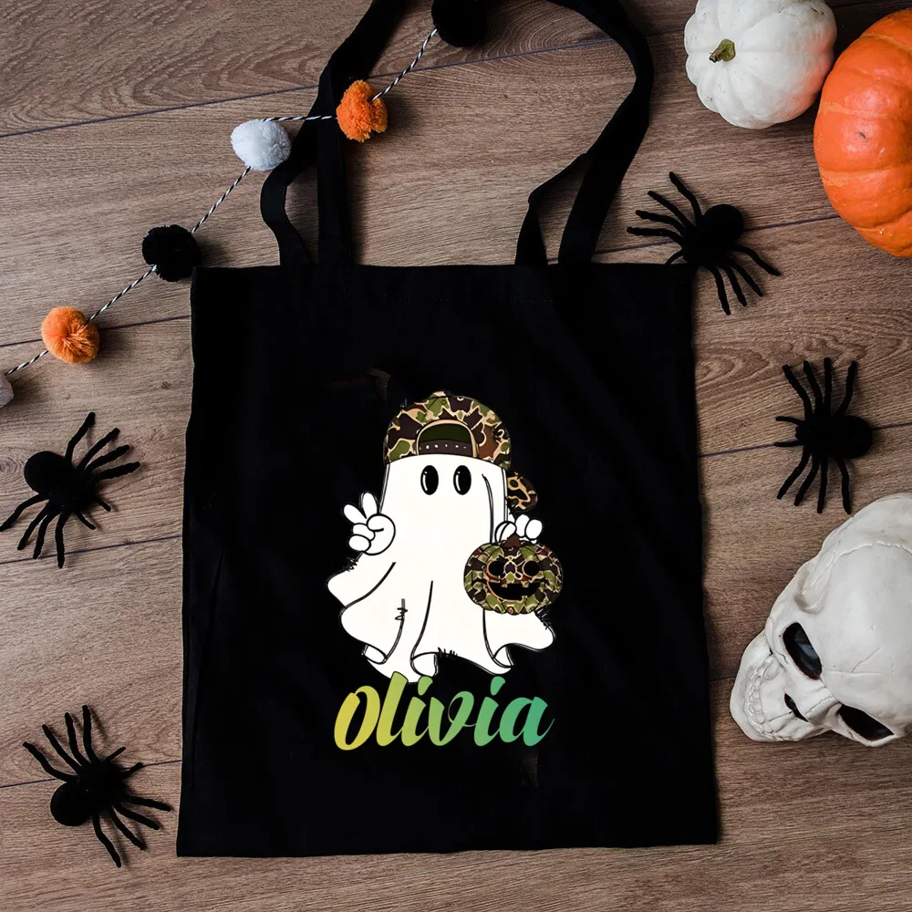 Custom Name Halloween Ghost Canvas Tote Bag Camo Hat Ghost Pumpkin Print Personalized Reusable Trick or Treat Shopping Bag