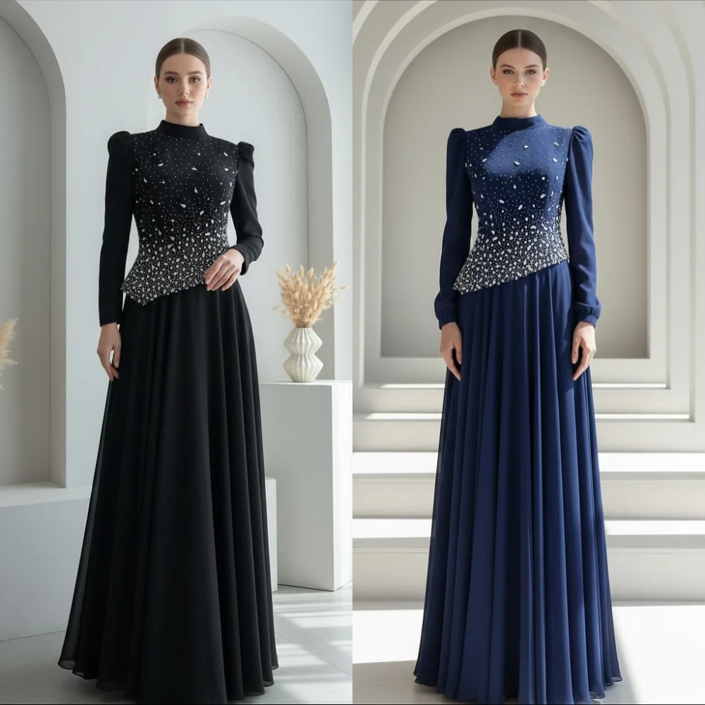 

Customized Formal Evening Chiffon Rhinestone High Collar A-line Long Dresses Bespoke Occasion Woman Elegant Party Wedding