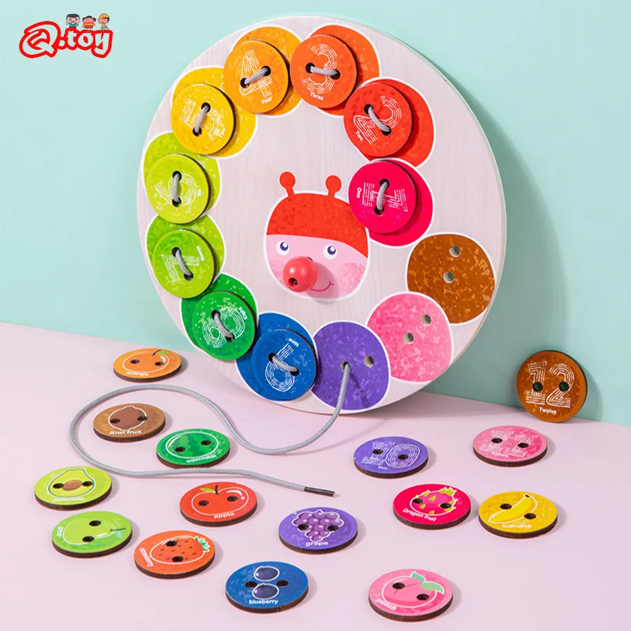 

Montessori Learning Education Toys English Number Fruit Cognition Color Matching Board Game Threading Teaching Aids for Kids