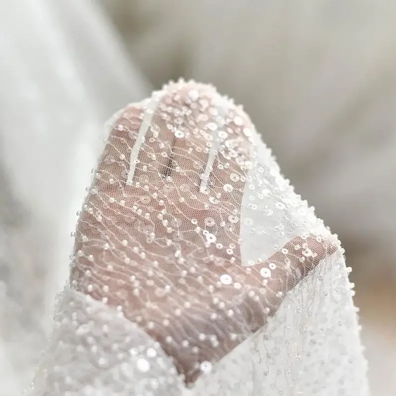 Sequins Beaded embroidery lace fabric ivory tulle fabric for wedding dress Girl Dress bridal Veil 51
