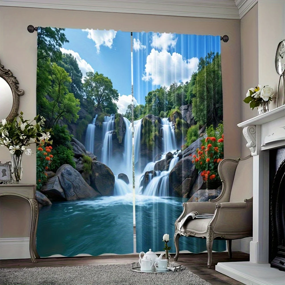 3D Mountain Waterfall Window Curtain 2 Panels,Clear Lake Green Tree White Cloud Print Bright Sky Background Scenic Decor Curtain