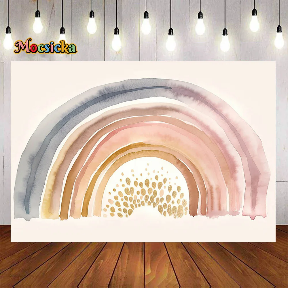 Boho Rainbow Background Decoration Girl Baby Shower 1st Birthday Party Backdrop Beige Cake Dessert Wallpaper Newborn Photozone