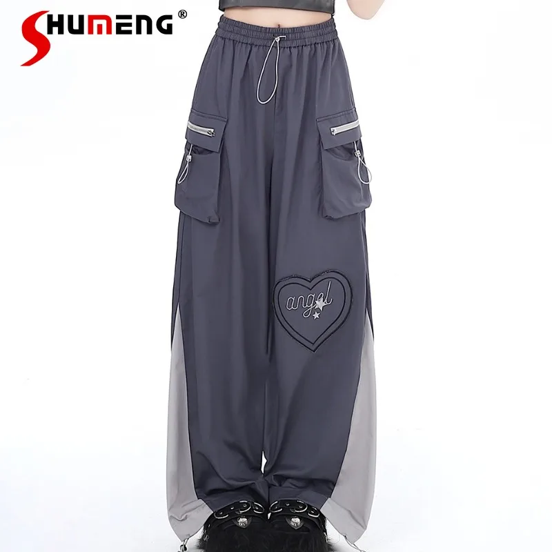 

Japanese Style 2024 Sweet Cool Wide Leg Loose Pants Contrast Color Love Straight Cargo Trousers Women's Spring Summer Sweatpants