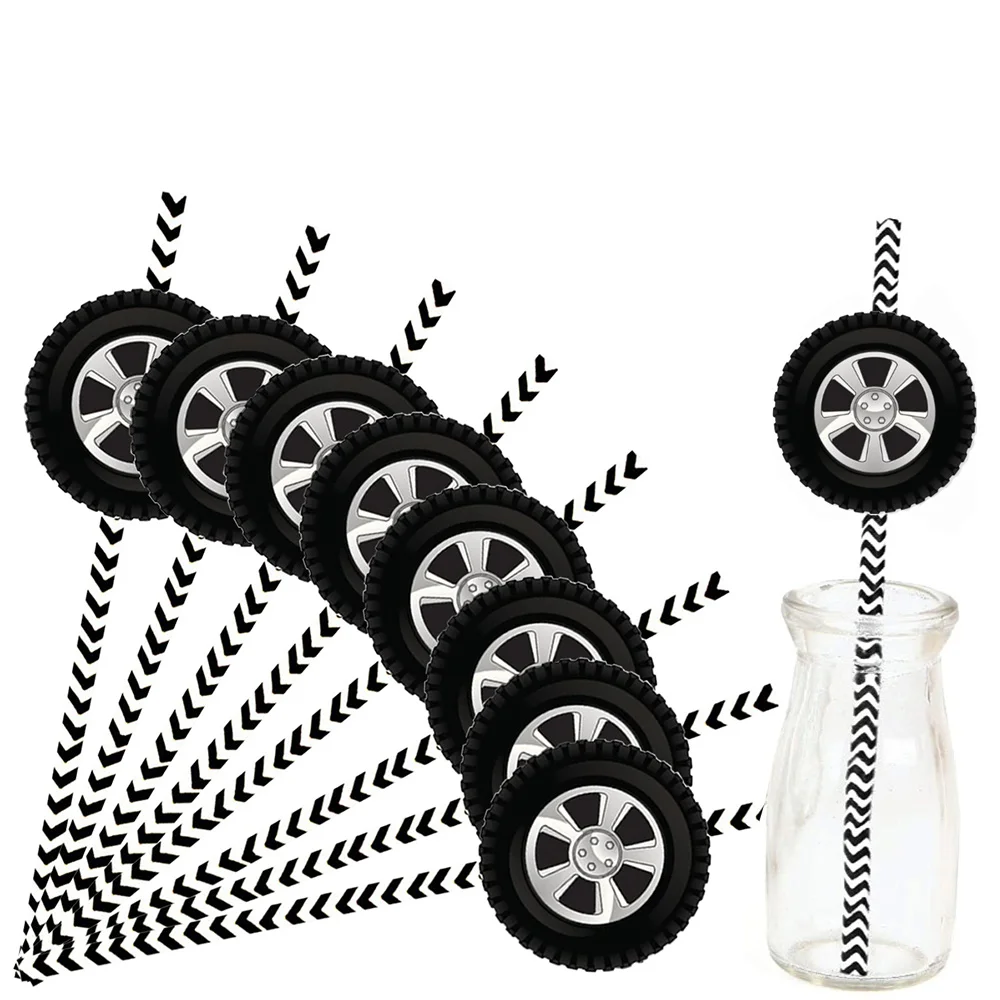 

20 pcs Race Car Tire Paper Straws Disposable Drinking Straw Kids Wheels Birthday Party Supplies Race Car Party Decoration Straws