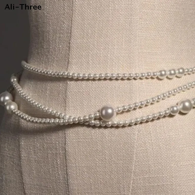1 قطعة سلسلة الخصر اللؤلؤ التقليد الموضة النساء مع فستان الفرعية سترة متعددة الطبقات اللؤلؤ الخصر سلسلة المرأة سلسلة الجسم بسيطة