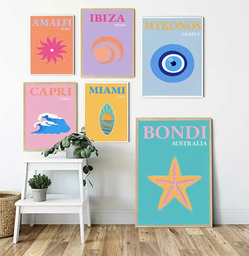 Miami beach ibiza capri bondi mykonos wall art canvas painting nordic posters and prints wall photos for living room decoration