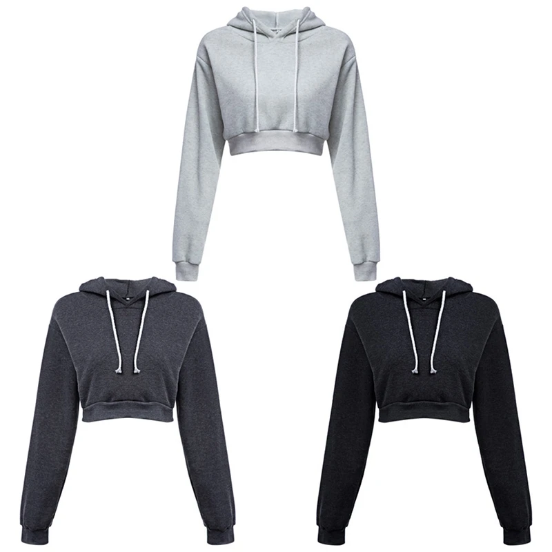 

Spring Ladies Hoodie Plain Hooded Sweatshirt Pullover Short Crop Top