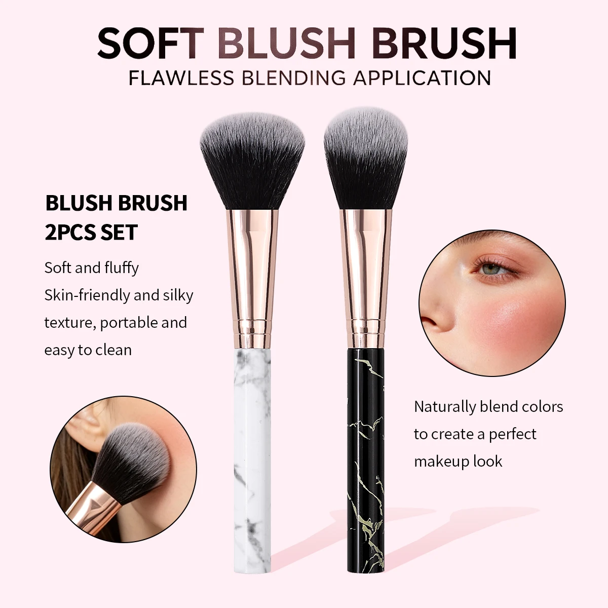 2PCS Soft Fluffy Blush Brush Set, Marble Handle, Skin‑Friendly Face Makeup Tools for Natural Blending