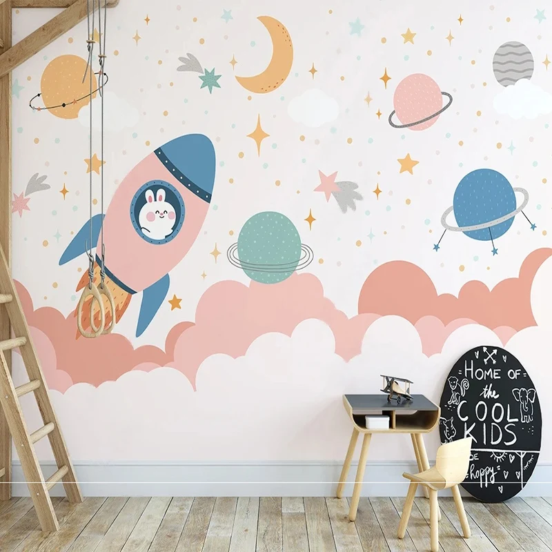 

Custom 3D Wall Mural Nordic Pink Space Rocket Planet Painting Children‘s Room Bedroom Background Wall Home Decor Papel De Parede