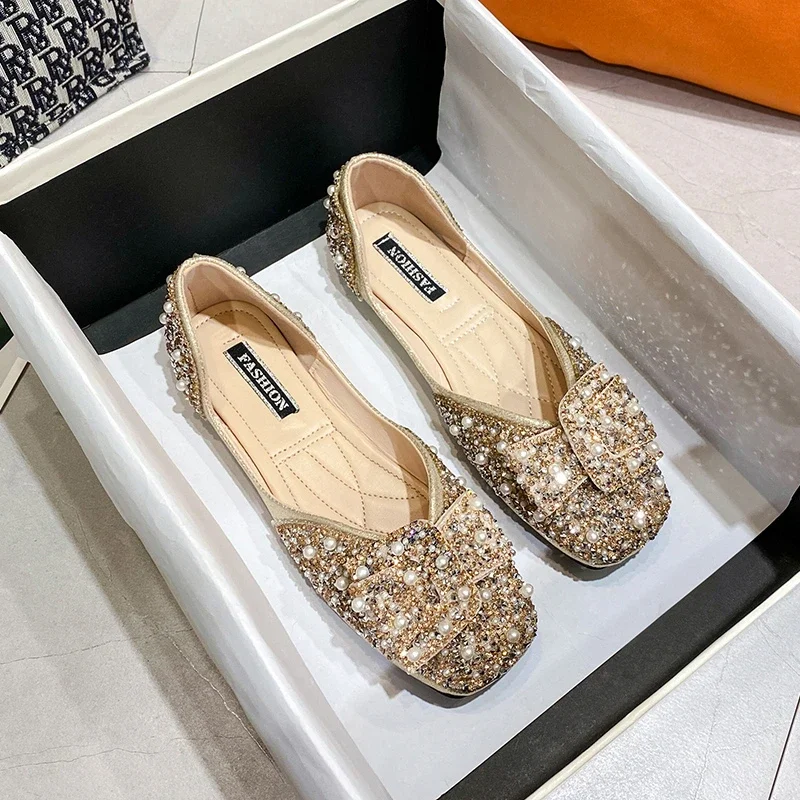 Square Toe Glitter Shoes Women Casual Female Sneakers Shallow Mouth Modis Flats Summer Moccasin Comfortable 2024 New Dress Leisu