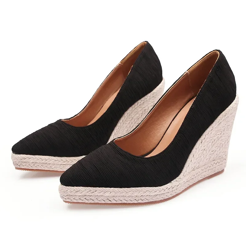 2023 Spring and Autumn New Wedge Heel Thick Sole Shallow Mouth Thick Sole Pointed Shoes Female Linen Large Size Shoe Wedge