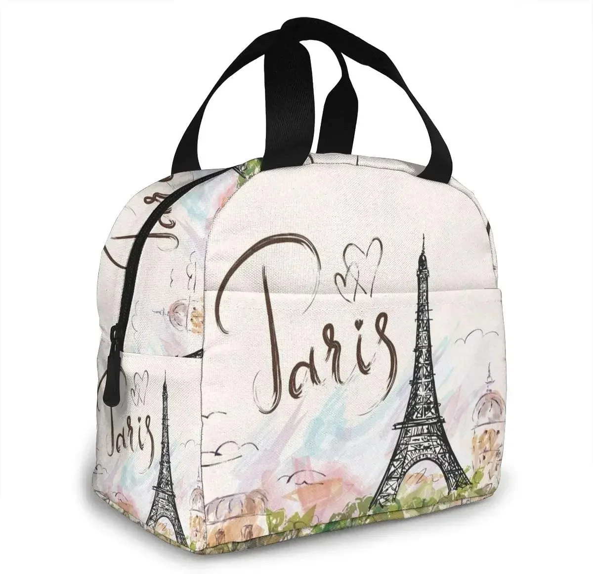 Eiffel Tower Paris Insulated Lunch Bag For Women Men Reusable Lunch Box With Front Pocket Lunch Tote Bag For Travel/Picnic/Work