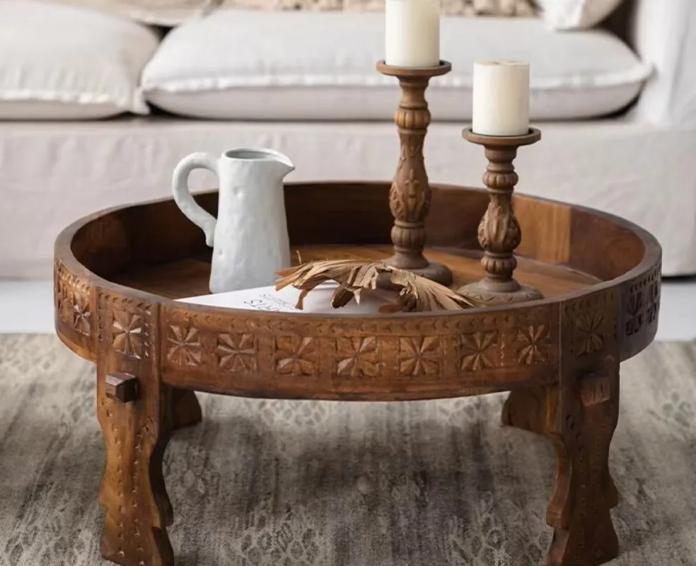

Round table retro old Moroccan wooden carving round edge table