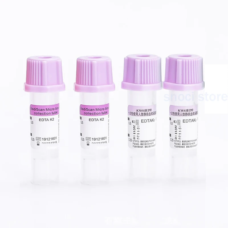 Sterylne, jednorazowe probówki do pobierania próbki krwi, 0,5 ml, zawierające EDTA K2, z fioletową nakrętką, plastikowe, do badań antykoagulantowych, do użytku w laboratorium, 100 sztuk. — zdjęcie produktu 5