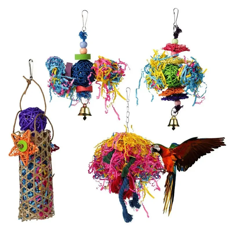 

4pcs Bird Toy Combination Set Colorful Paper Vine Playing Ball and Biting Small and Medium sized Parrot Toys