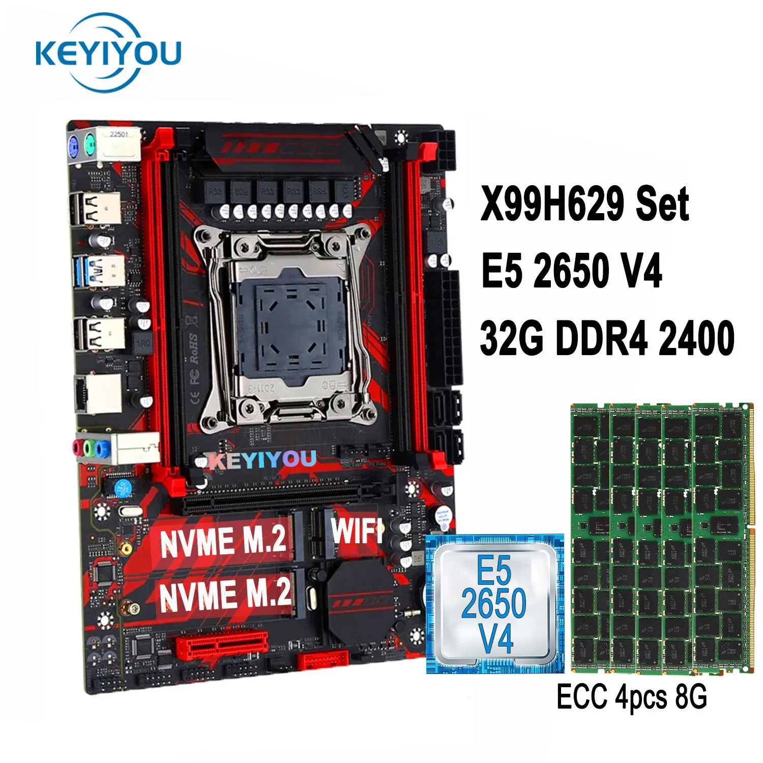 KEYIYOU X99 Motherboard Combo Xeon kit E5 2650 V4 CPU LGA 2011-3 DDR4 4*8GB=32GB 2400MHz RAM Memory NVME M.2 WiFi Four Channel