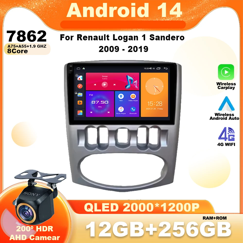 

Android14 For Renault Logan 1 Sandero 2009 - 2019 Car GPS Multimedia Player Carplay Wifi Auto Radio Navigation WIFI Head Unit