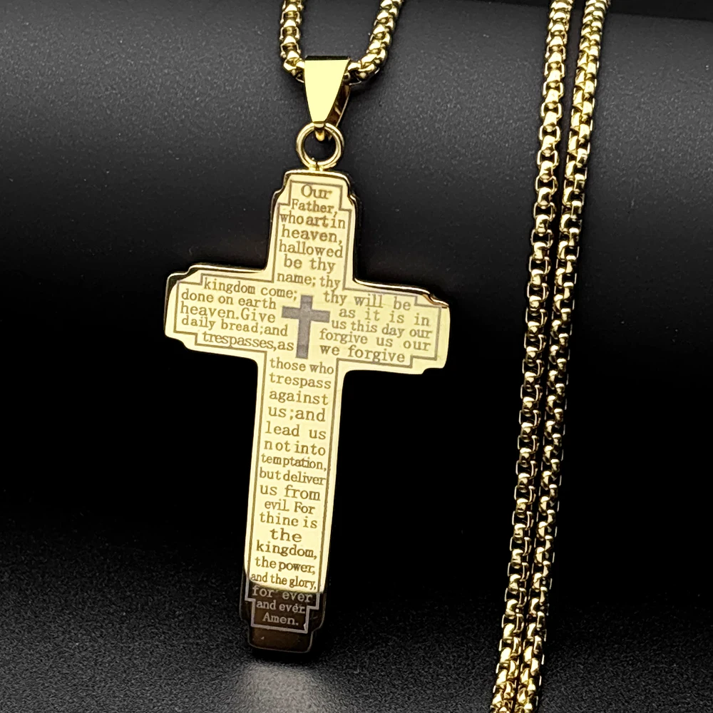 Christian Bible Cross Chain Necklace Stainless Steel Big Pendant Necklace Men's Religious Prayer Jewelry Corrente Masculina