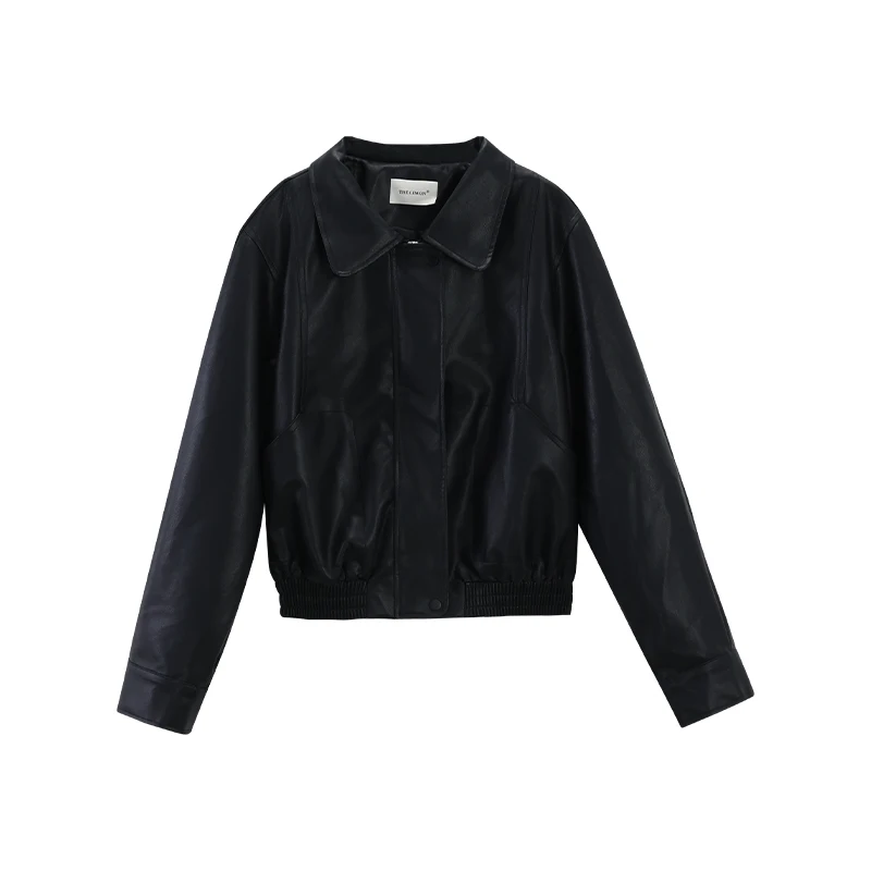 เสื้อแจ็คเก็ตหนังสีดำไซส์ใหญ่ ALXNAN แบบมีซิป ชายเสื้อยืดหยุ่น ผ้ากันน้ำ เหมาะสำหรับฤดูใบไม้ร่วง ดีไซน์อเนกประสงค์ ปกเสื้อแบบปกเชิ้ต เสื้อโค้ทผู้หญิง รุ่น D13017