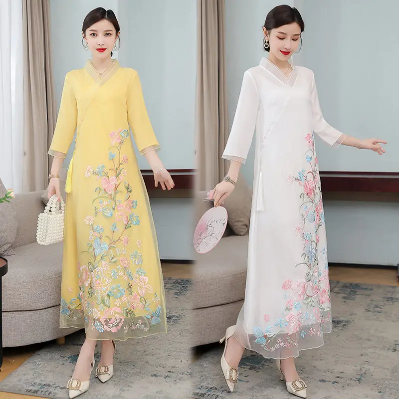 Chinese Style Hanfu Women's 2022 Summer Ethnic Young Embroidered Dress Zen Tea Long Elegant Fashion Stand Collar Clothing h1126