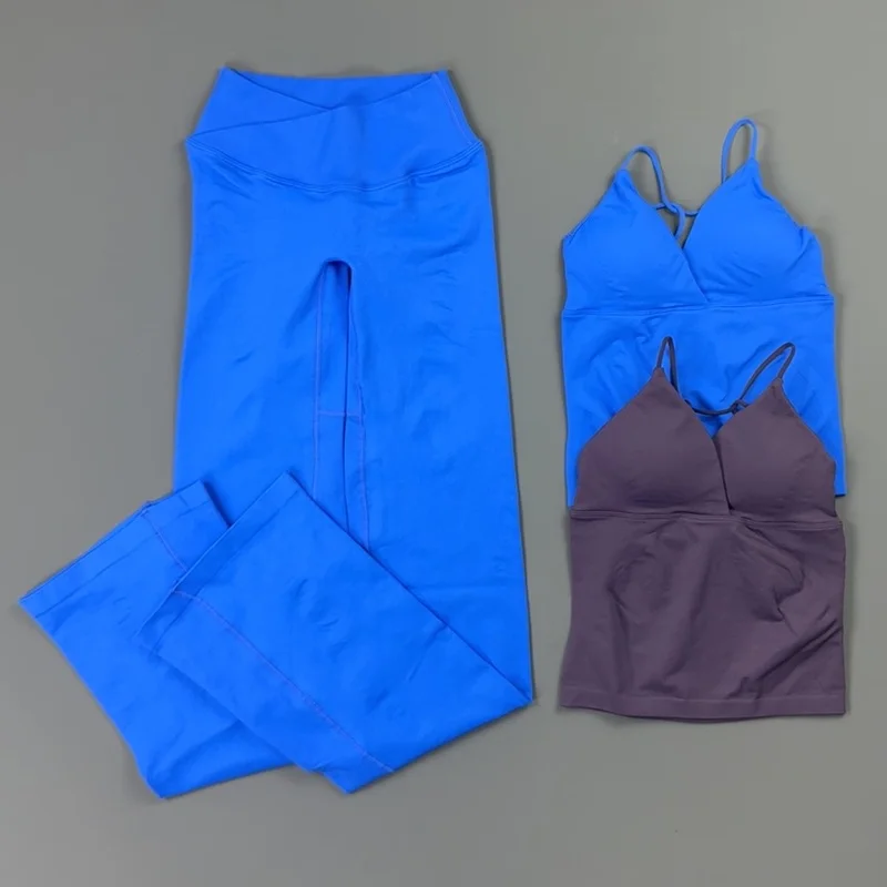 2 Piece Workout Set Women Criss Cross Back Spaghetti Strap Tank Top High Waist Scrunch Butt Flare Yoga Pants Gym Activewear Suit