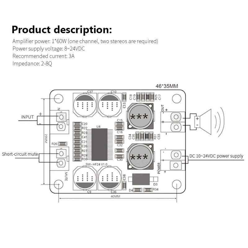 Loudspeaker High Output Mono Digital Audio High Sound Quality 60w For Arduino Module Chip Low Power Consumption Monitors