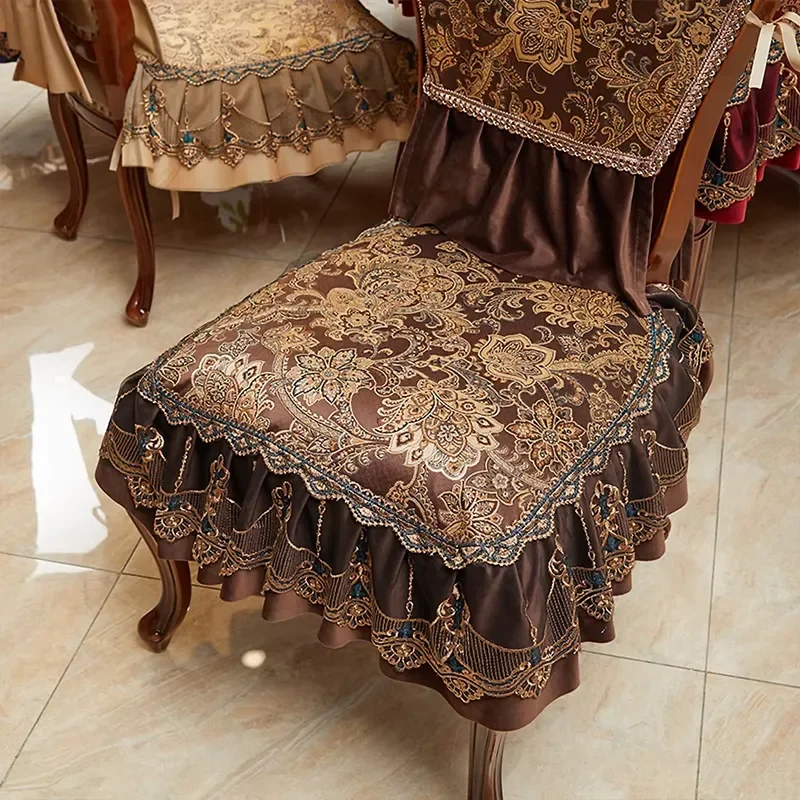 Luxury Jacquard Embroidered Chair Cover with Lace Hem Non Slip Removable Washable Seat Cushion for Dining Room Home Decor