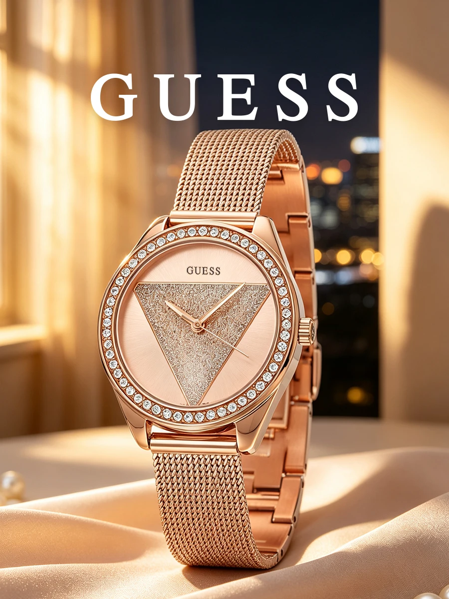 Guess Women's Watch Rose Gold Tones Mesh Stainless Steel Analog Quartz Wristwatch Rhinestone Bezel Glitter Triangle Dial Evening