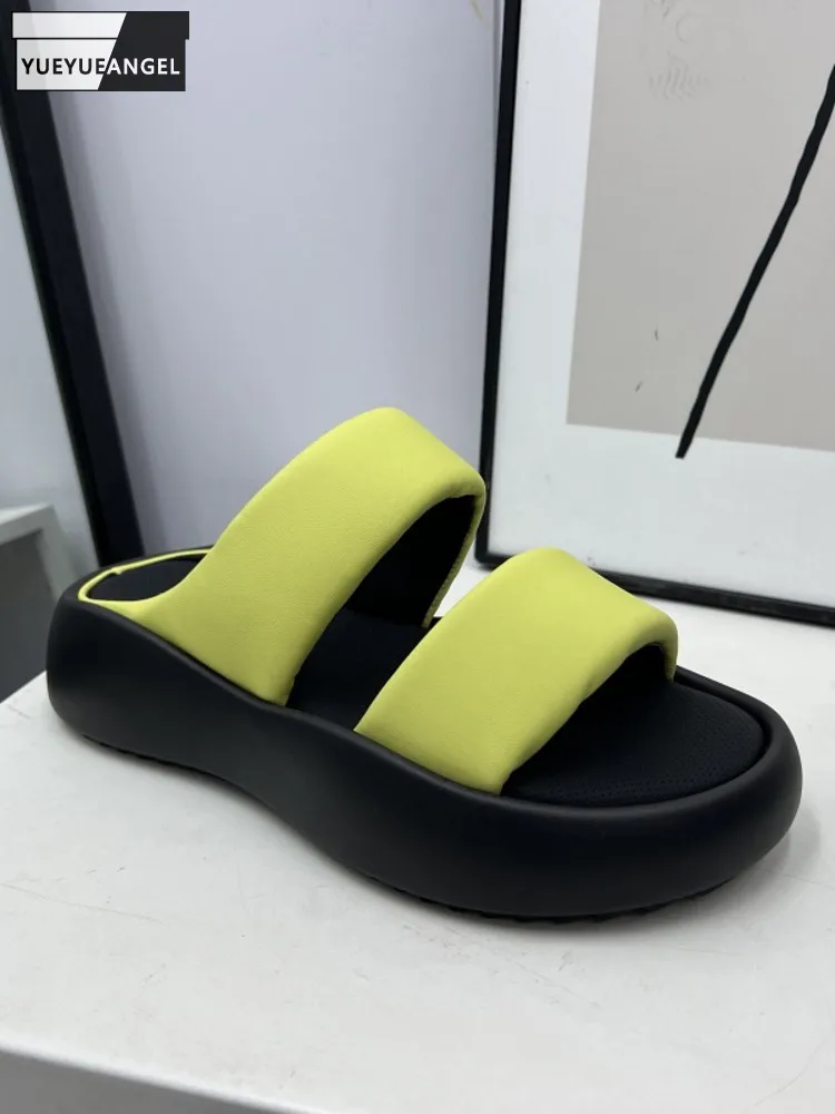 

Fashion Women Casual Outside Slippers Open Toe Slip On Thick Platform Shoes Summer Comfortable Cowhide Genuine Leather Slides