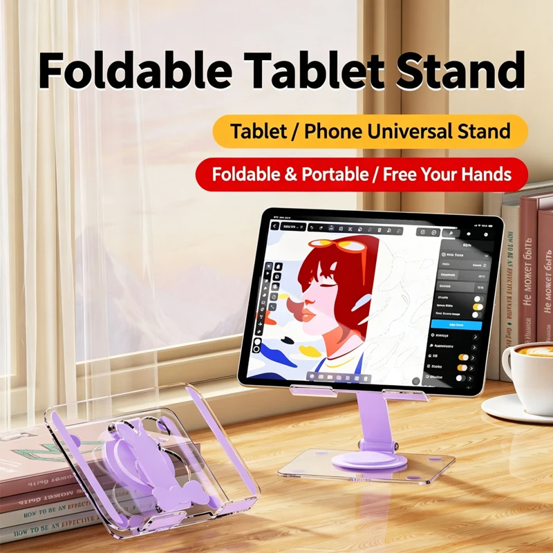 360° Rotatable Acrylic Tablet Phone Stand Foldable Desktop Holder for IPad Pro/ Air/ Mini Office Study Live Streaming Watching