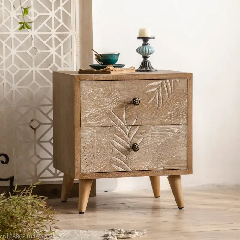 American Country Retro Old Nightstand Creative Carved Sofa Side Cabinet Home-style Room Storage Cabinet  Bedroom Furniture