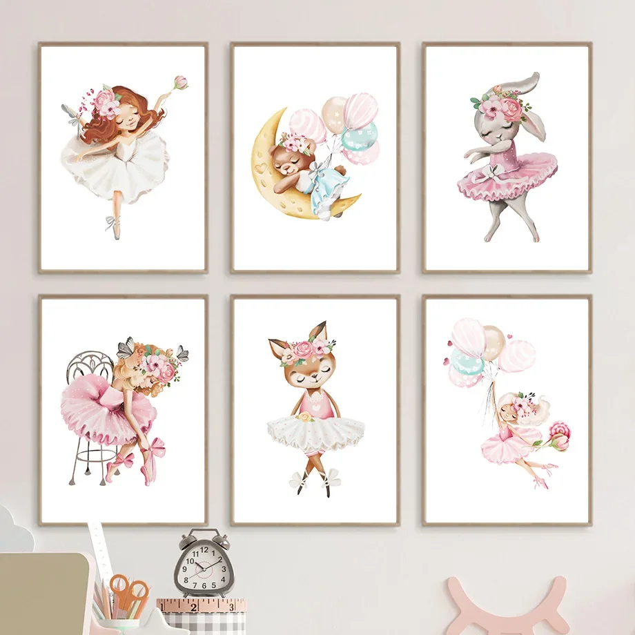 

Ballet Girl Rabbit Bear Cat Balloon Nursery Wall Art Canvas Painting Nordic Posters And Prints Wall Picture Baby Kids Room Decor