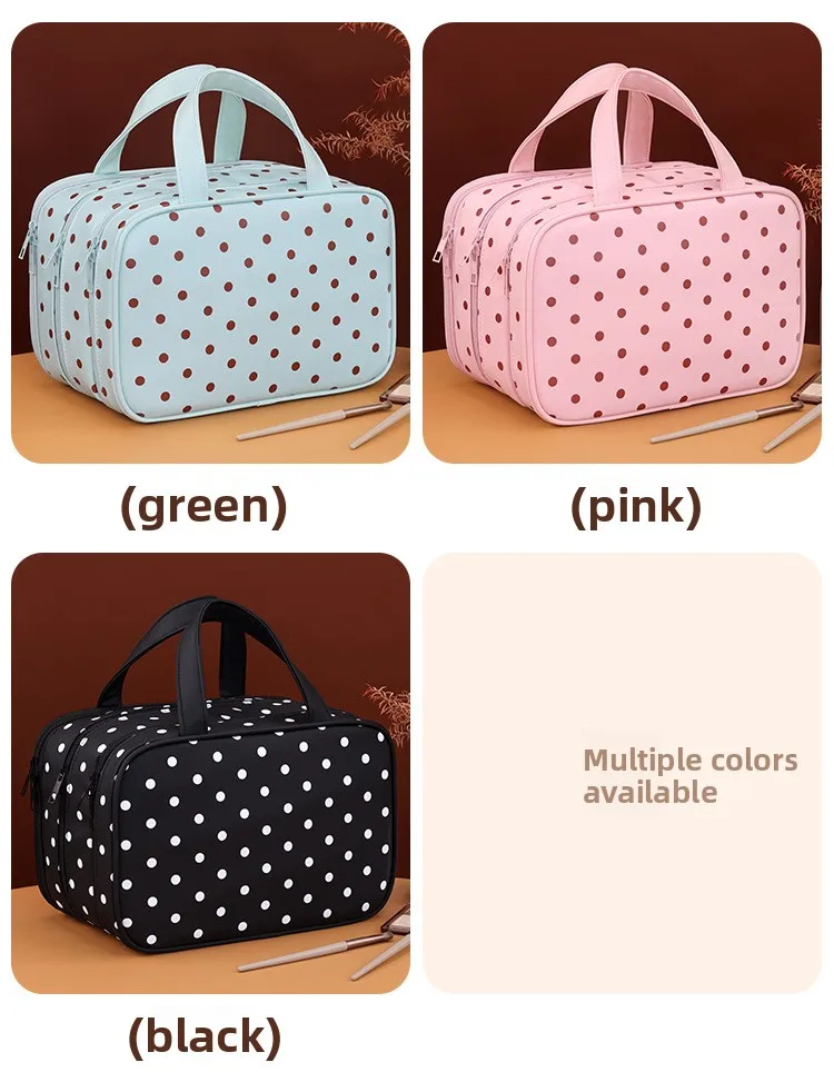 Polka Dot Make-up-Tasche mit großem Fassungsvermögen, tragbarer Reise-Kosmetik-Organizer, wasserdichte Hand-Kulturtasche für Damen – Detail 9